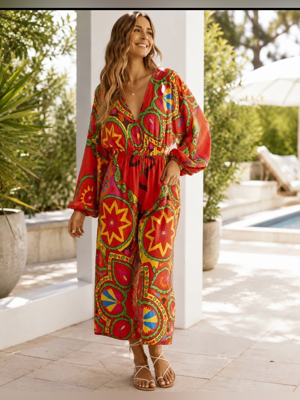 Rhode Blake Red Uzbek Printed Cotton Jumpsuit Size Small